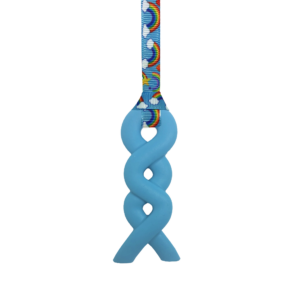 Blue squiggle chew necklace with rainbows lanyard
