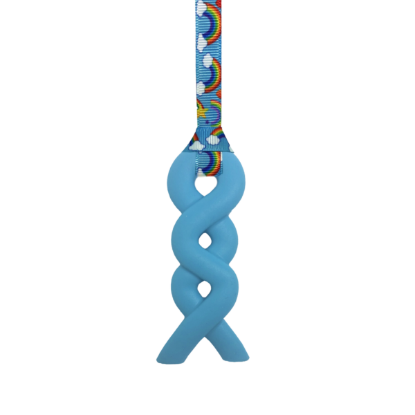 Blue squiggle chew necklace with rainbows lanyard
