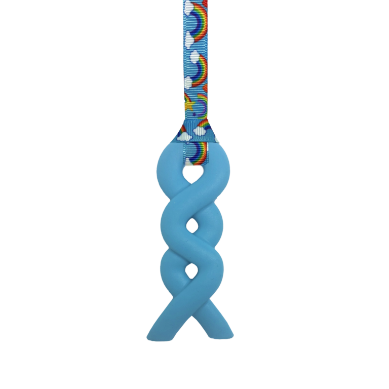 Blue squiggle chew necklace with rainbows lanyard