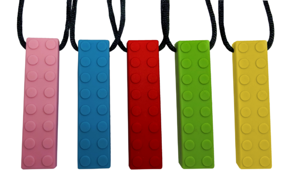 Sensory Chew Necklaces shaped like lego bricks in 5 different colours