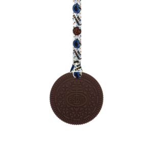 Brown biscuit chew necklace with hand made cookie monster lanyard