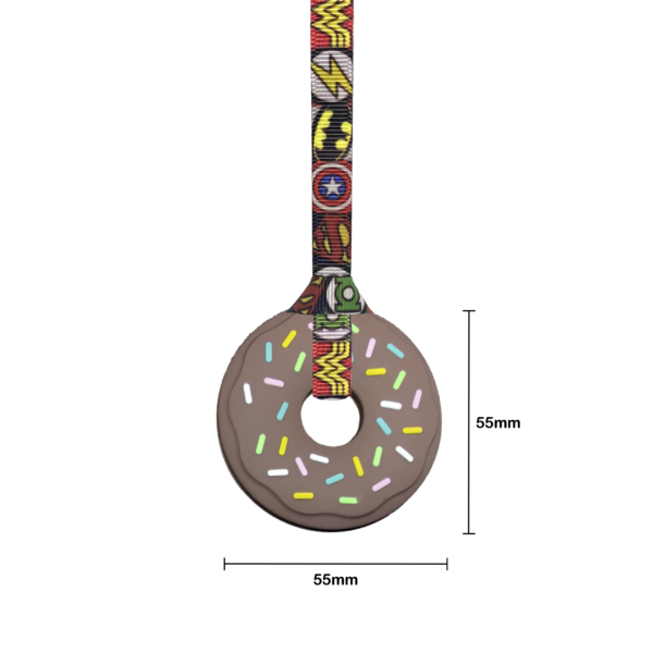 Brown chewable doughnut pendant with superhero lanyard showing measurements