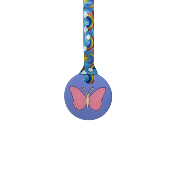 Blue butterfly chew necklace with rainbows lanyard perfect for people with ADHD