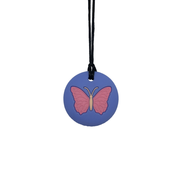 Blue butterfly chew necklace with black cord