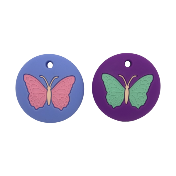 Front face of blue and purple butterfly chew necklace