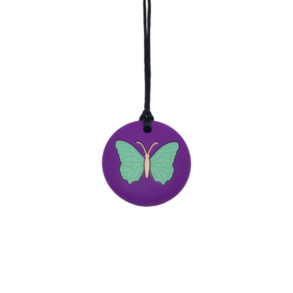Purple butterfly chew necklace with black cord