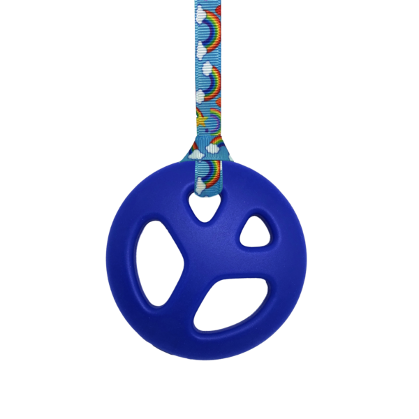 Blue chewy Peace pendant on rainbows lanyard