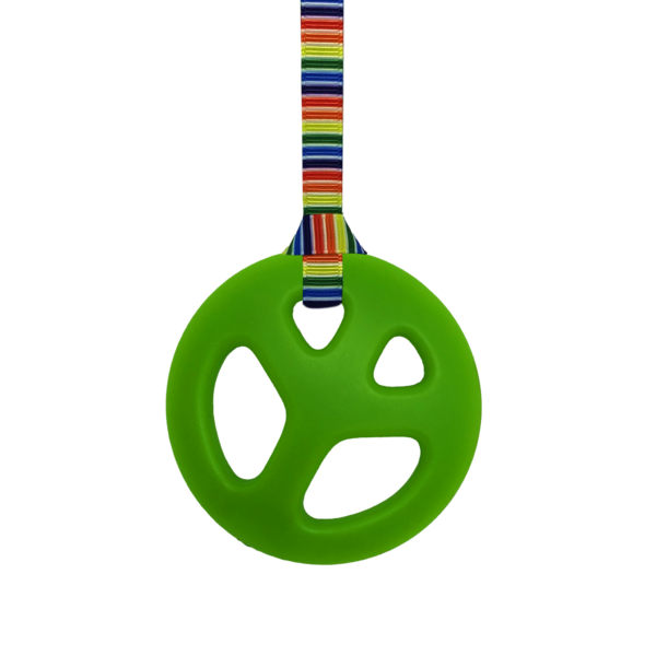 Green chewy Peace pendant on retro stripes lanyard