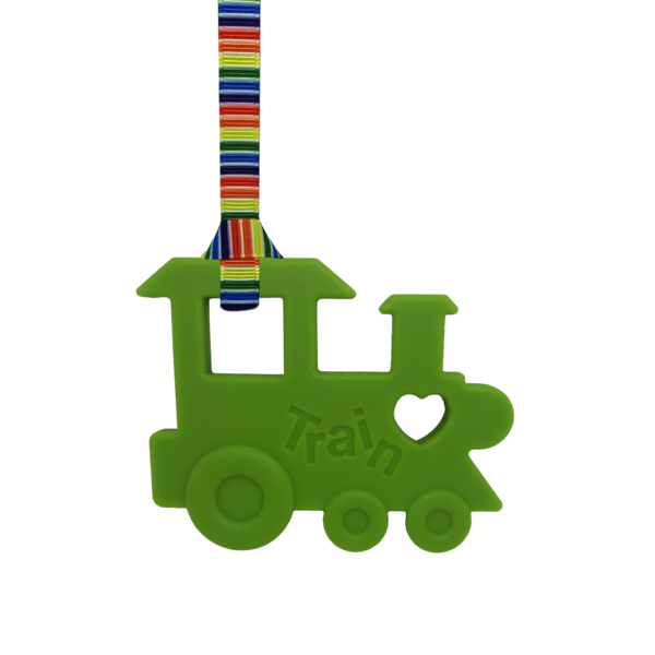Green chewy train necklace with stripy lanyard