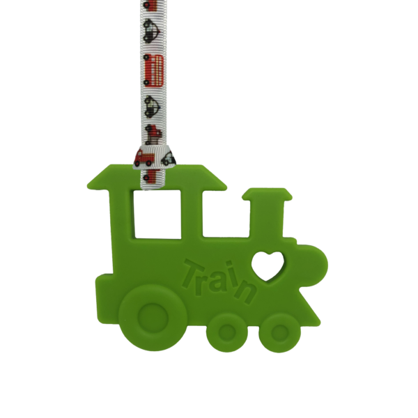 Green chewy train necklace with vehicles lanyard