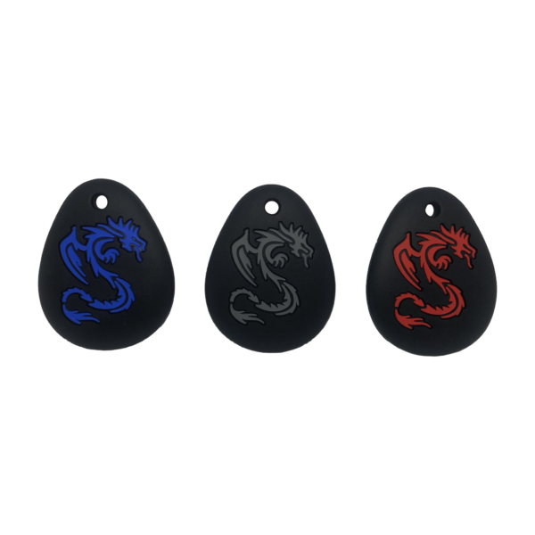 dragon sensory chews with red, blue and grey dragons on black, ideal autism aids