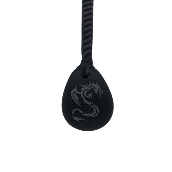 Grey dragon chew necklace on plain black lanyard, perfect for sensory needs
