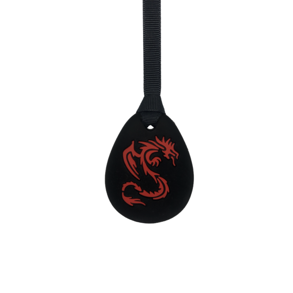 Red dragon autism chew necklace on plain black lanyard