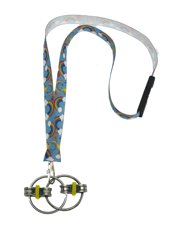 Fidgi-Flip fidget necklace with yellow bands on handmade neck lanyard