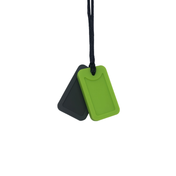 Green and grey dog tag chew necklace on black cord, perfect for sensory needs