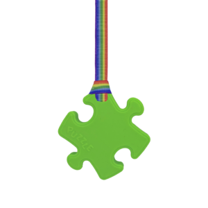 Green Puzzle chew necklace with rainbow pride lanyard