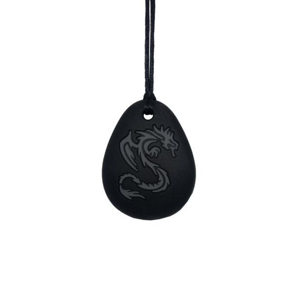 Black dragon chew necklace with grey dragon on plain black cord, ideal for those with ADHD