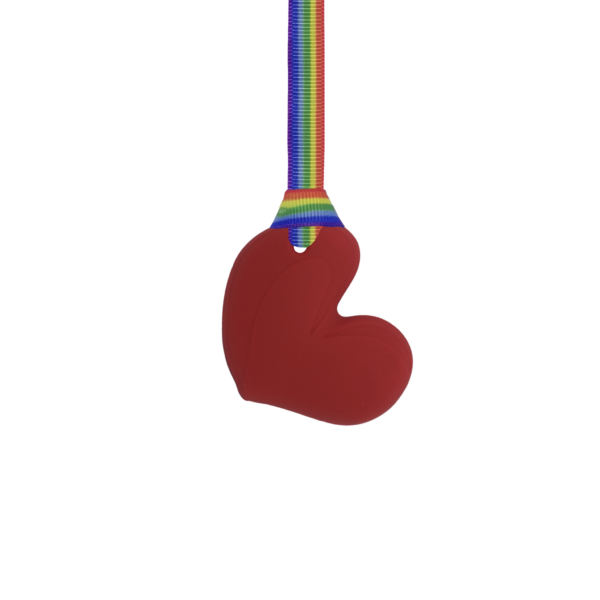 Red chewy heart necklace with rainbow pride lanyard