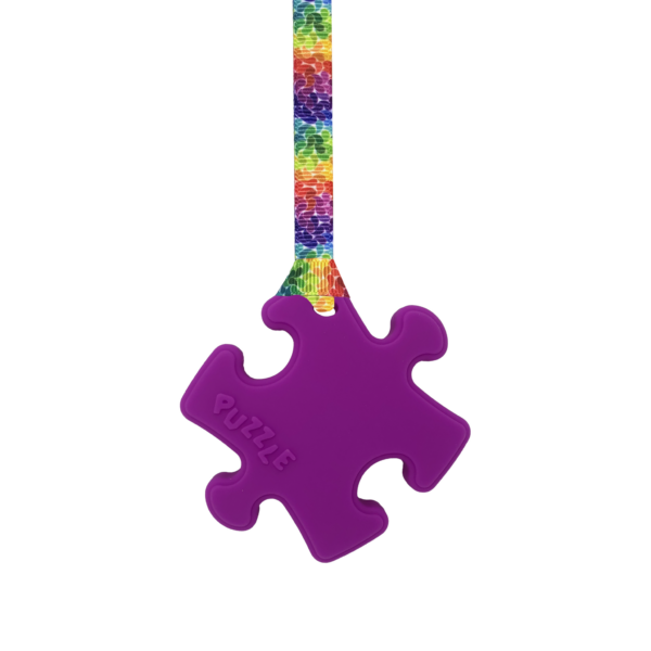 Magenta Puzzle sensory chew necklace with rainbow leaves lanyard