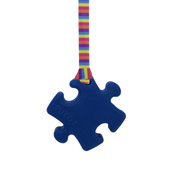 Navy Puzzle chew necklace with stripy lanyard, ideal autism aids