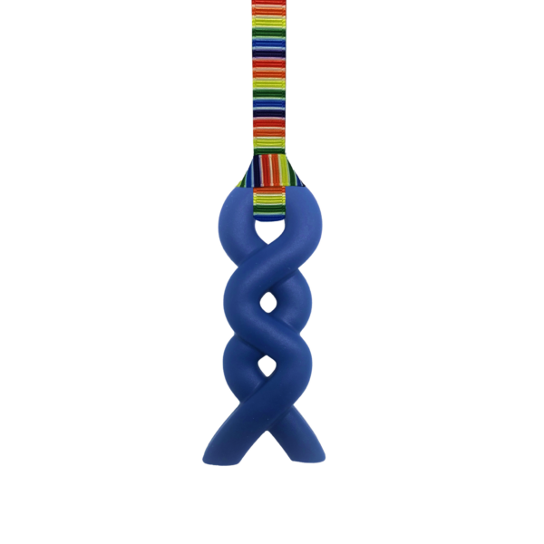 Navy squiggle chew necklace with retro stripes lanyard, ideal for sensory needs