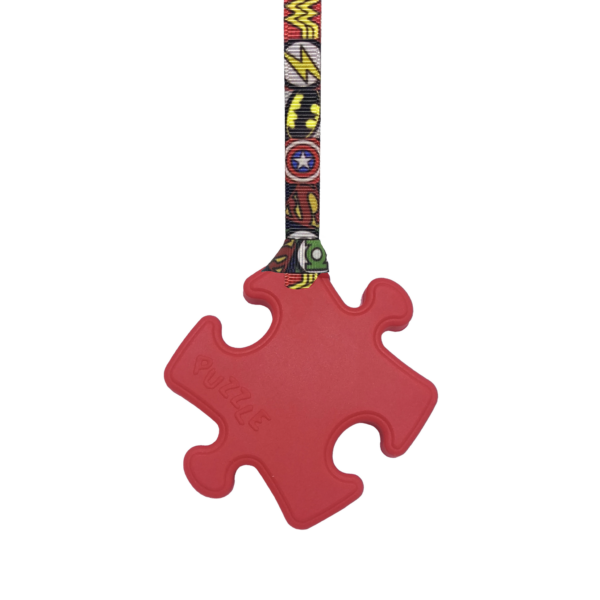 Red Puzzle autism chew necklace with superhero lanyard