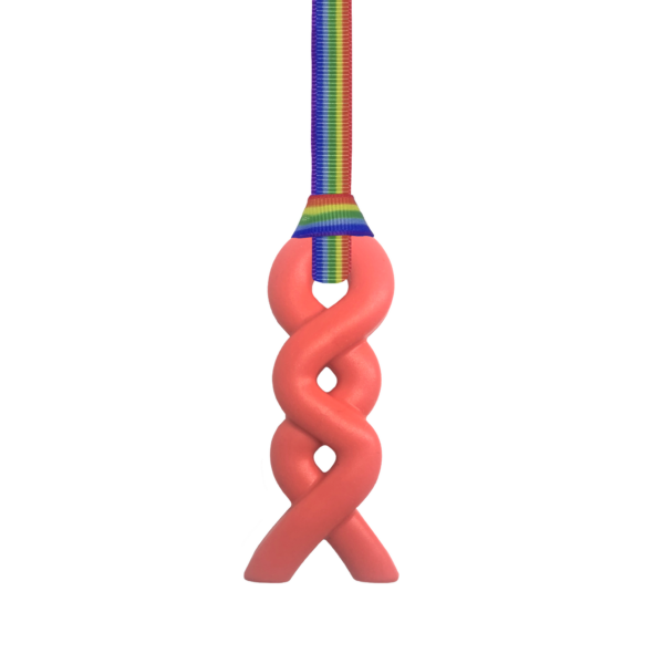 Red squiggle kids chew necklace with handmade rainbow pride lanyard