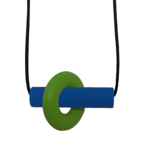 Blue and green Axle chew necklace on black cord