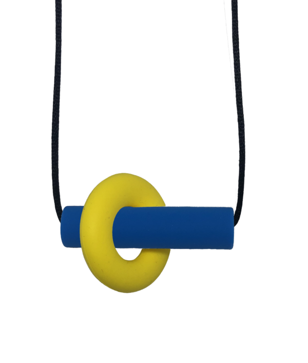 Blue and yellow Axle autism chew necklace on black cord