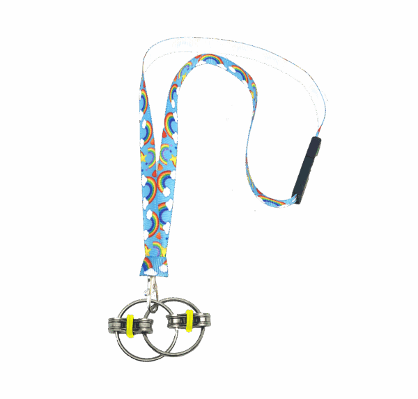 Fidgi-Flip fidget necklace with yellow bands on handmade neck lanyard