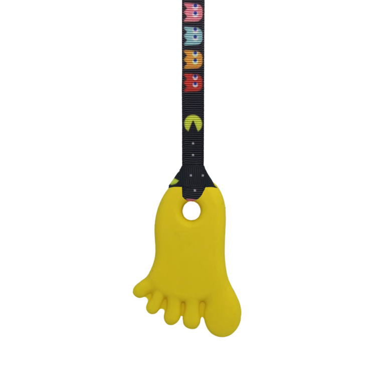 Yellow foot chew necklace with hand made pacman lanyard