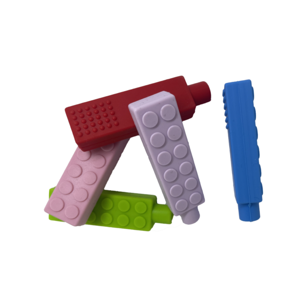 5 chewy brick pencil toppers in red, blue, pink, purple and green