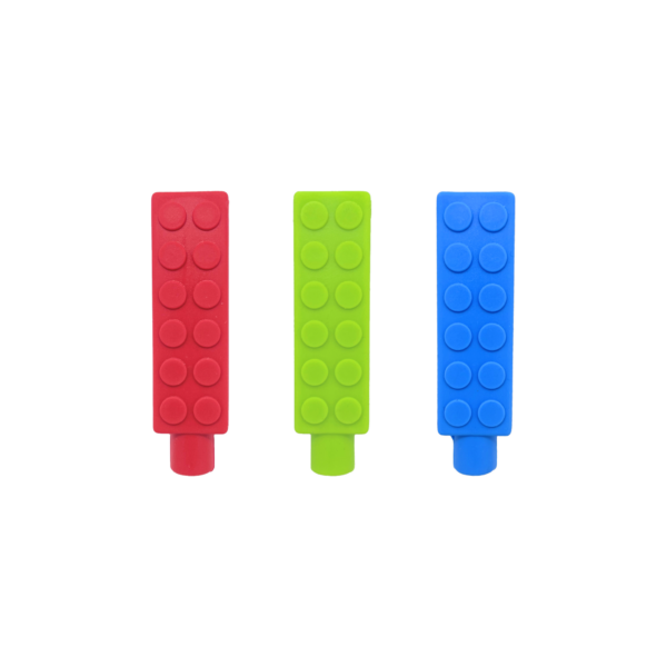 3 pack of brick pencil toppers in red, green and blue