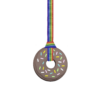 Blue doughnut chew necklace with hand made rainbows lanyard