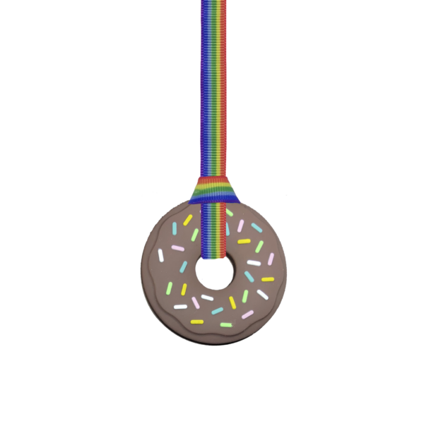 Brown chewable doughnut pendant with rainbow pride lanyard