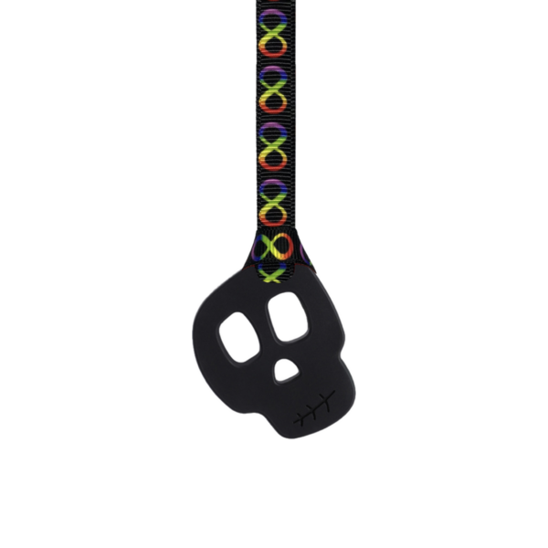 Black skull chew necklace on rainbow infinity lanyard