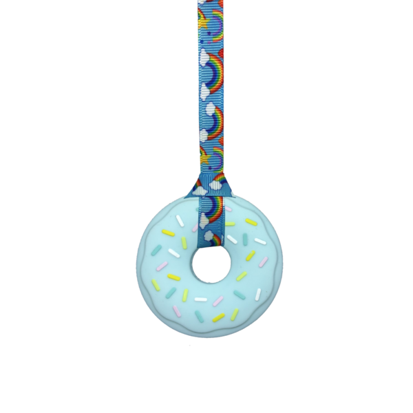 Blue doughnut chew necklace with hand made rainbows lanyard