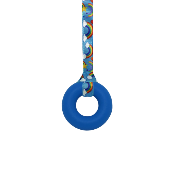 Blue ring chew necklace with rainbows lanyard, ideal autism aids