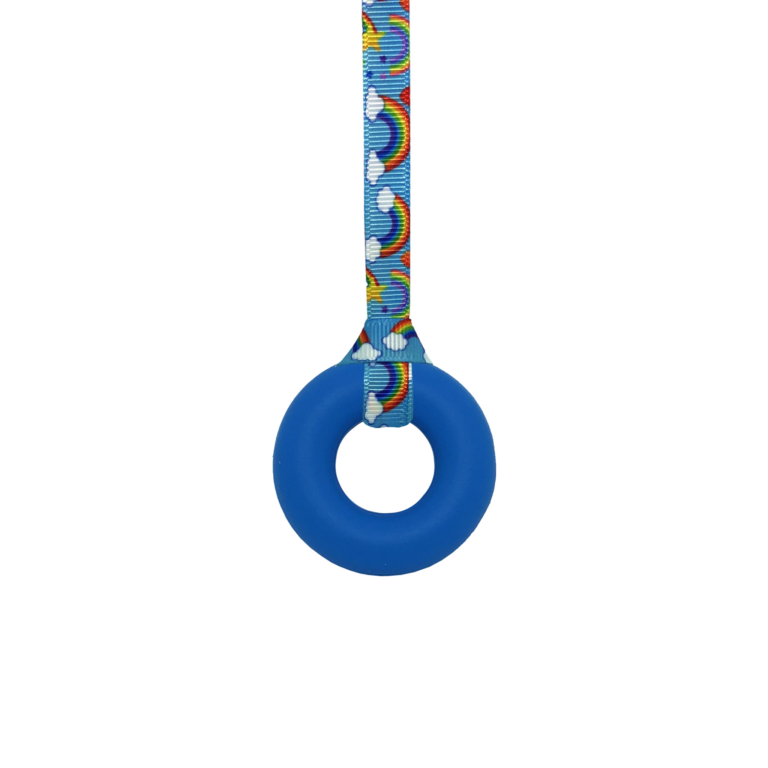 Blue ring chew necklace with rainbows lanyard, ideal autism aids