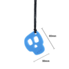 Blue skull chew necklace on black cord with measurements