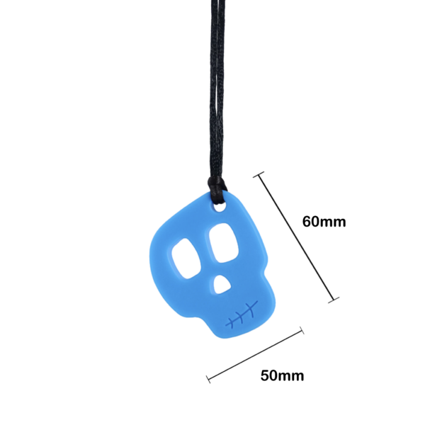 Blue skull chew necklace on black cord with measurements