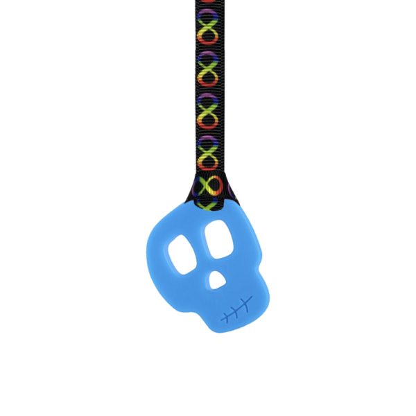 Blue skull chew necklace on rainbow infinity lanyard
