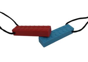2 brick chew necklaces in red and blue