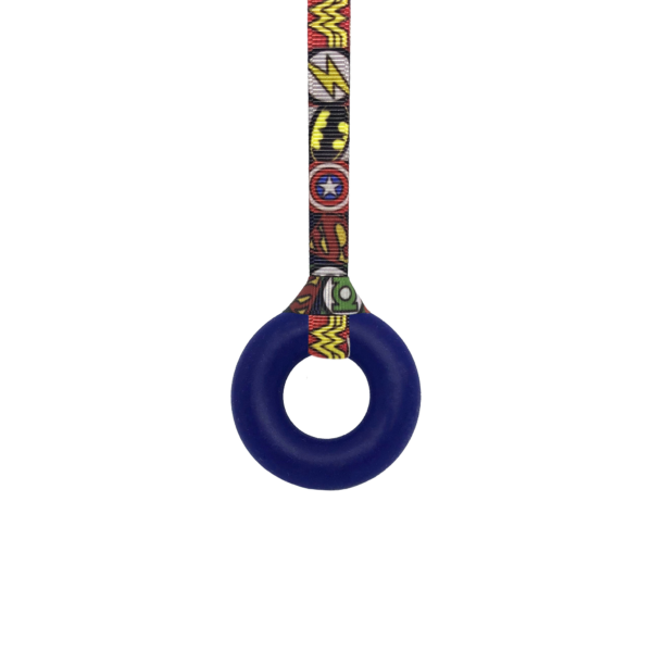 Navy ring chew necklace with superhero lanyard