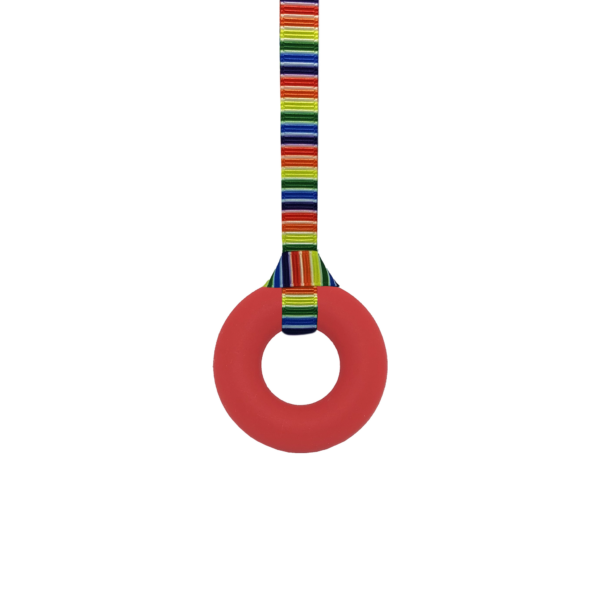 Red ring sensory chew necklace with retro stripes lanyard