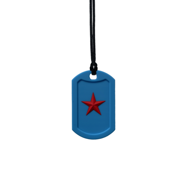 Blue Star Tag Chew Necklace on black cord