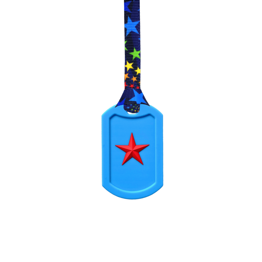 Blue Star Tag Chew Necklace on black stars lanyard
