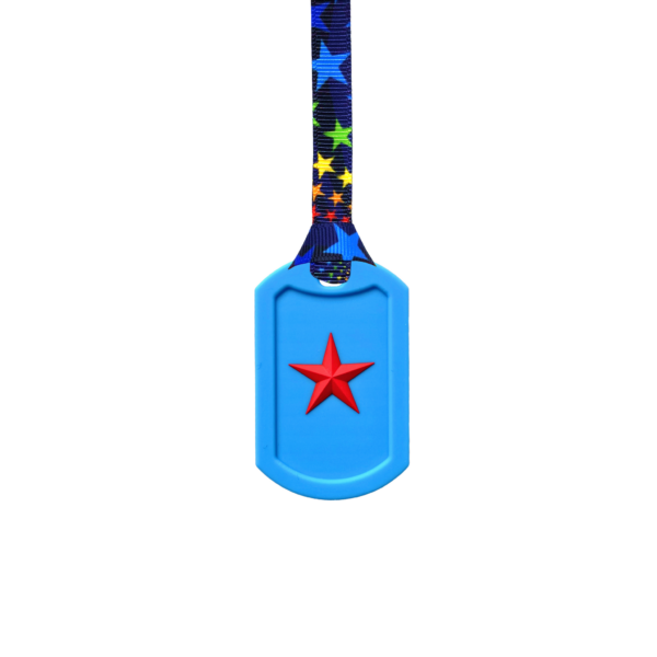 Blue Star Tag Chew Necklace on black stars lanyard