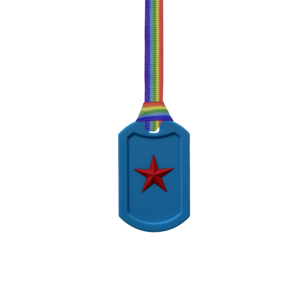 Blue Star Tag Chew Necklace on rainbow pride lanyard