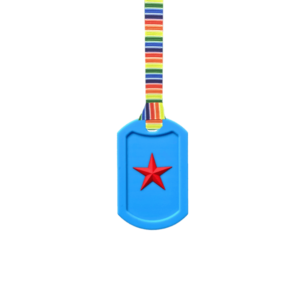 Blue Star Tag Chew Necklace on retro stripes lanyard